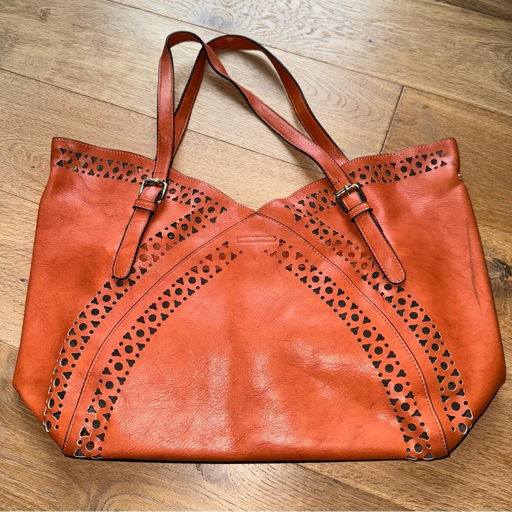 H2Z Leather Laser Cut Burnt Orange Tote Bag Purse